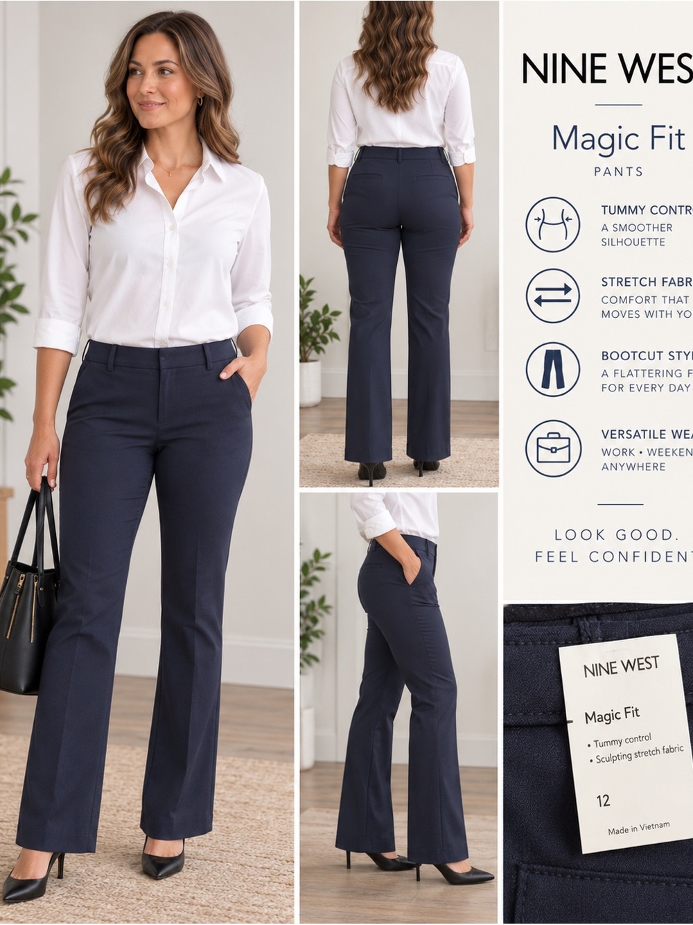 Nine West Magic Fit Pants Womens 12 Navy Blue Bootcut Stretch Tummy Control NWT